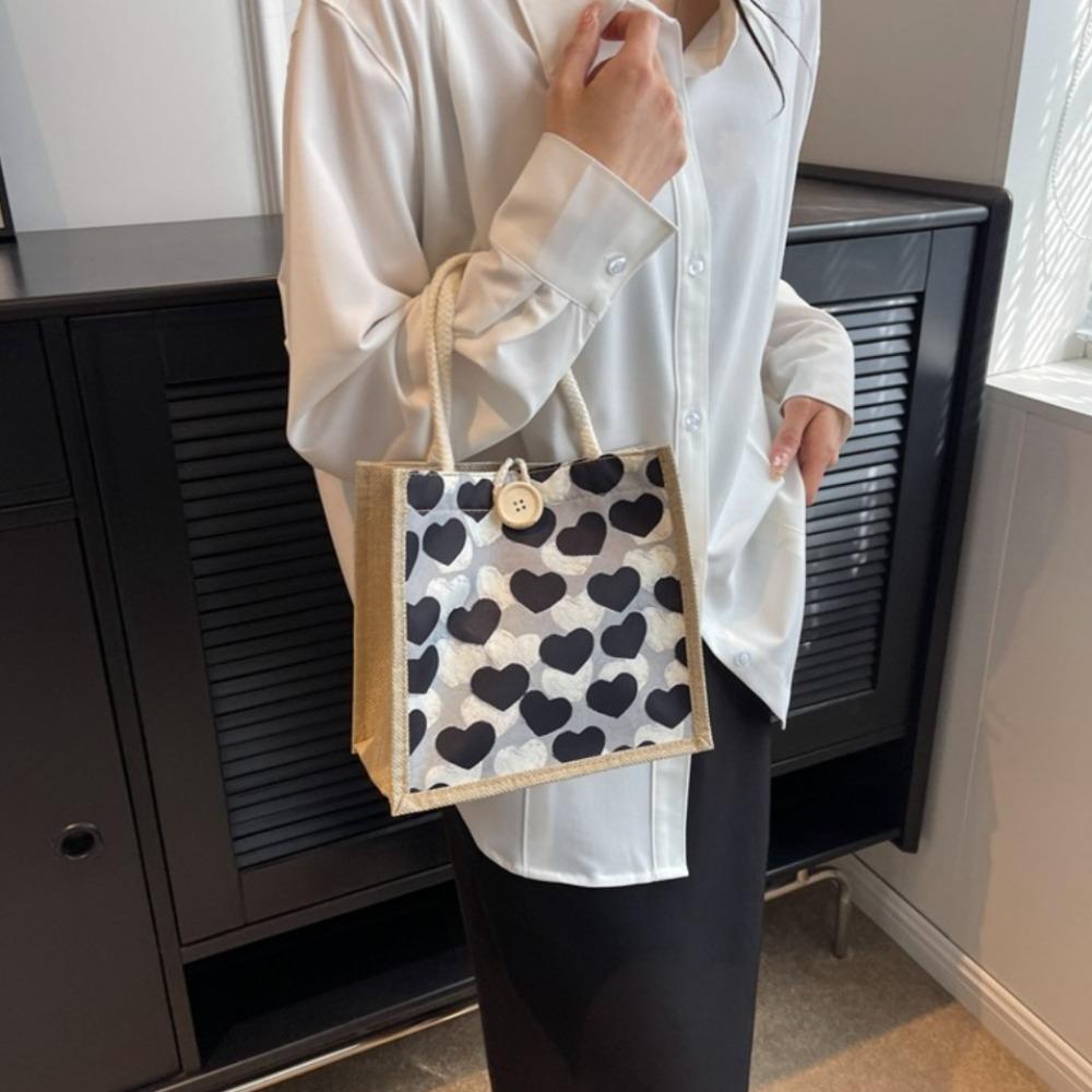Zipper Flower Linen Bag Button Linen Handbag Kawaii Love Heart Tote Bag  Picnic