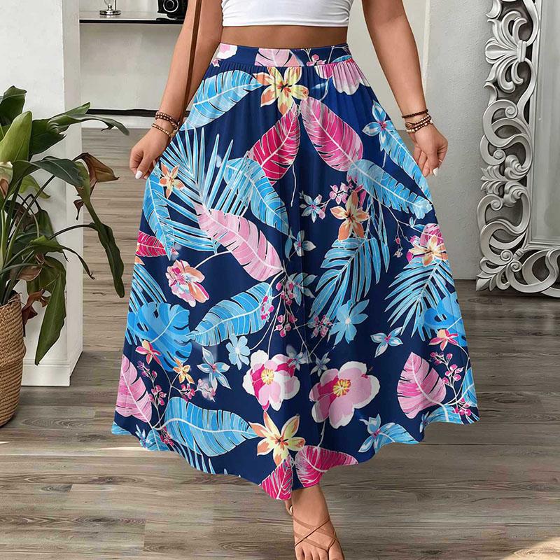 Vintage Floral Maxi Skirt Women High Waist A-Line Boho Resort Flowy Long Skirt