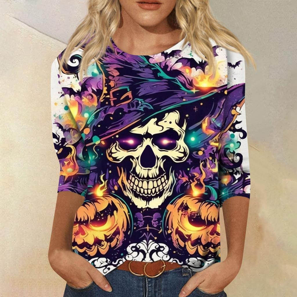 Women's Fashion Casual Three-quarter Sleeve Halloween Printed Round Neck Top