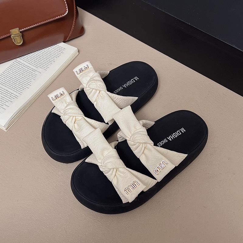 Bow-tie platform slippers women's summer outer wear new height-increasing one-word drag women's versatile beach shoes