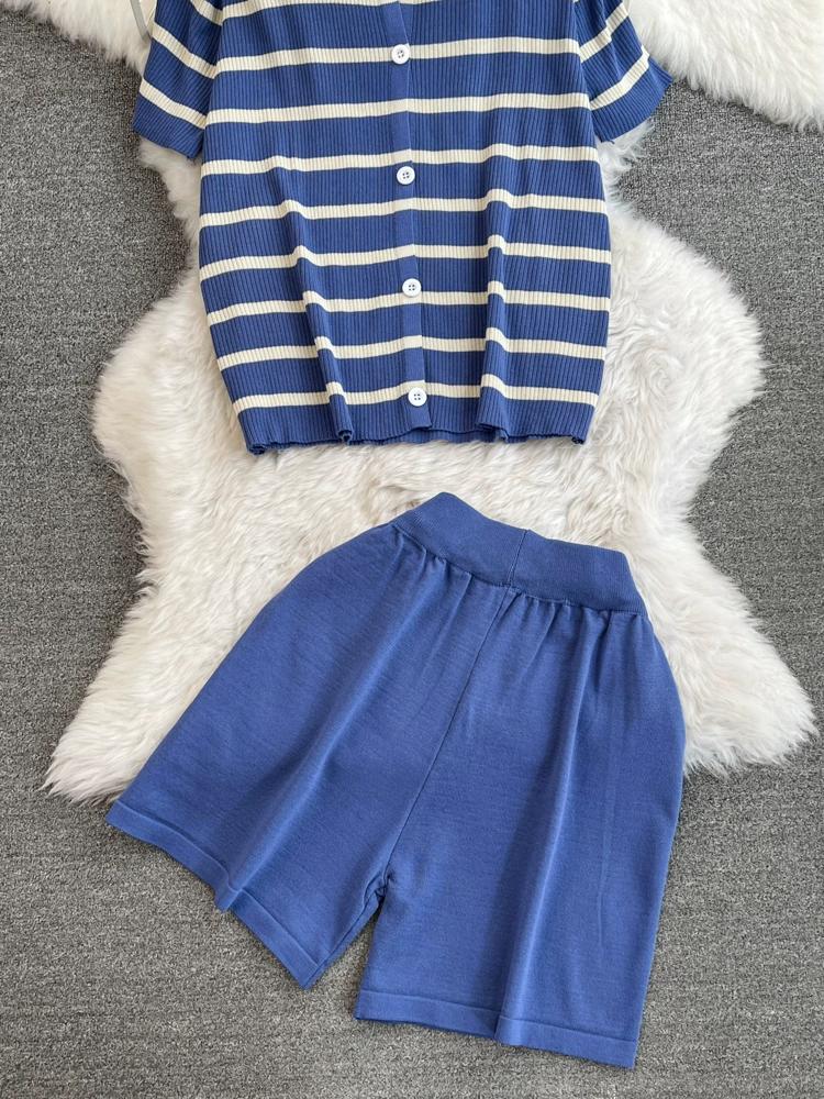 Summer Women Casual Knitted Sweater Pant Set Single Breasted Striped Tops and Shorts Chic Student Two Piece Suit