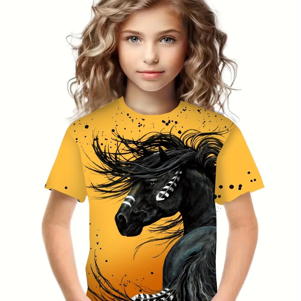 Girls Fashionable 3d Horse Graphic Tee Comfortable Crew Neck Children Girl Short Sleeve Tops Summer Outdoor Kids Clothes