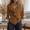 2026 Women's V-Neck Long Sleeve Ruffle Cotton Linen Top