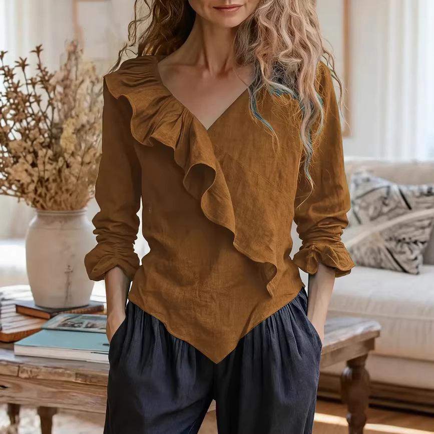2026 Women's V-Neck Long Sleeve Ruffle Cotton Linen Top