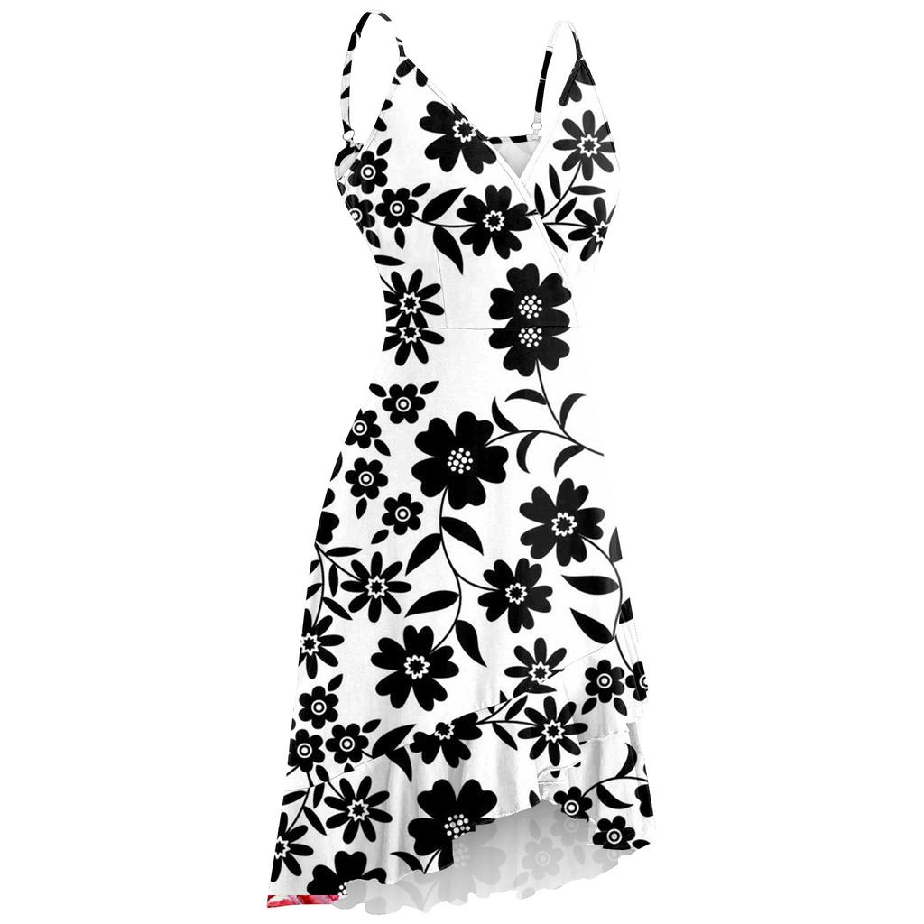 Women Summer Wrap V Neck Adjustable Spaghetti Straps Chest Pleats Casual Ruffle Dress Summer Beach Knee Length Dress Open Back Off Shoulder Dress