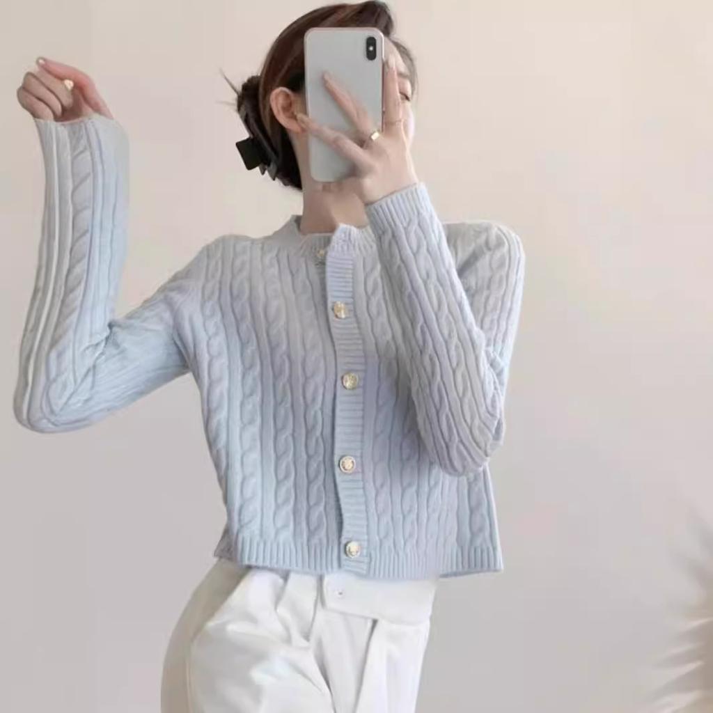 Fried Dough Twists Women's Knitted Cardigan Spring Versatile Korean Gentle Style Solid Color Slim Short Sweater Coat