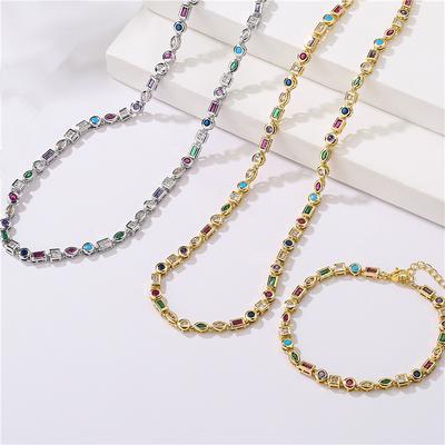 HECHENG,Green Pink White Iced Out Bling Geometric CZ Chain Necklace Bracelet High Quality Fashion Women Colorful Cz Zircon Set