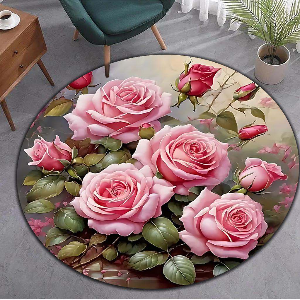 1pc Elegant Rose-Themed Circular Area Mat, Washable Polyester Floor Mat with Lush Floral Design for Living Room, Bedroom, Kitche