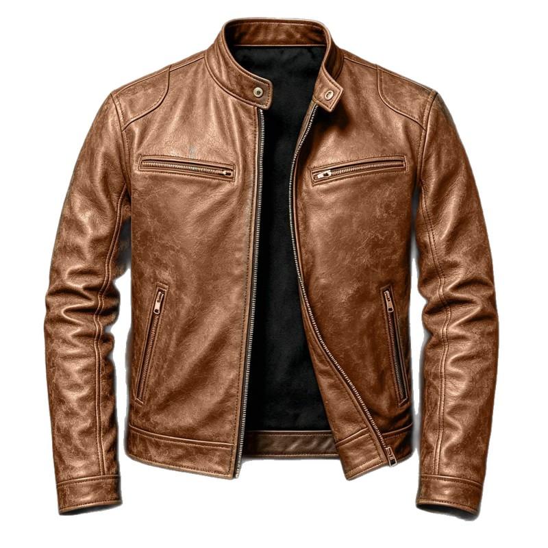 Mens Retro PU Leather Motorcycle Jacket Slim Fit Stand Collar Casual Biker Coat Wear
