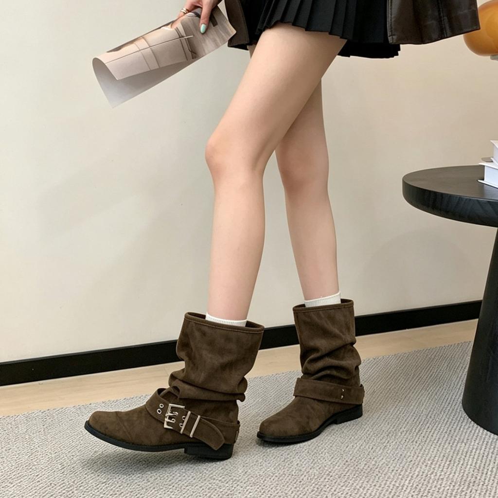 Maillard Belt Buckle Thick Heel Pleated Pile Short Boots Women'S Autumn New Versatile Western Cowboy Boots Women'S Tide