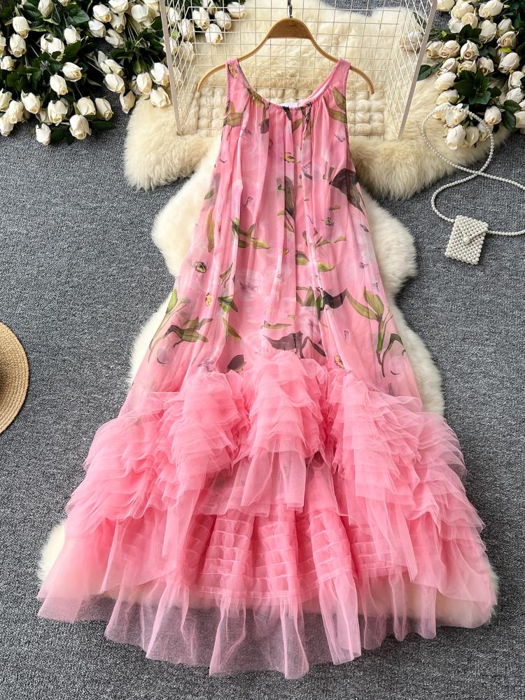 French Princess Vintage Print Dress Women O-Neck Strap Mesh Splice Irregular Ruffles Dress Female Beach Fashion Ball Gown New