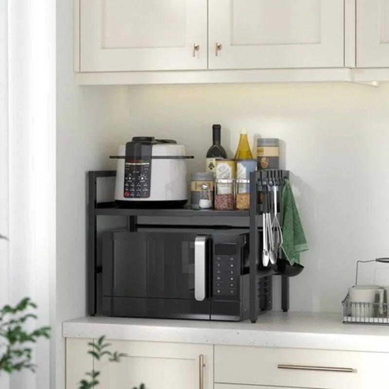 Adjustable Microwave Oven Rack Kitchen Storage Shelf with Spice Organizer Countertop Cooker Stand Space Saving Heavy Duty