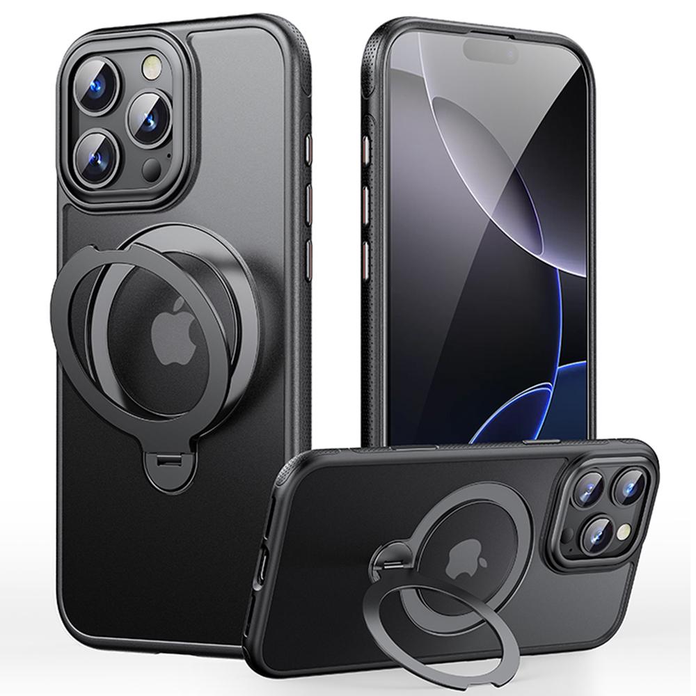 

For iPhone 16 Pro Case Compatible with MagSafe Drop Proof TPU PC Kickstand Phone Cover Black