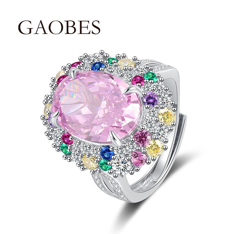 Hai Rui S925 Padparadscha Pink Diamond Egg-Shaped Open Ring - Women’s Luxury Sterling Silver Ring