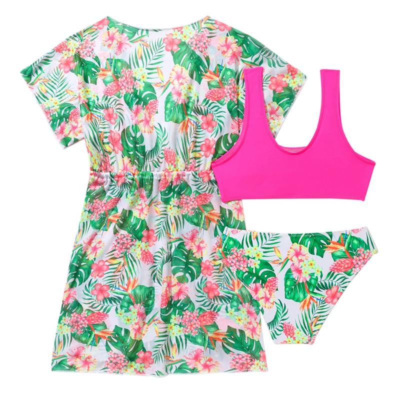 

От 7 до 16 лет детский комплект из 3 предметов для девочек, купальник с короткими рукавами, однотонный бюстгальтер и трусики, летняя пляжная одежда 140