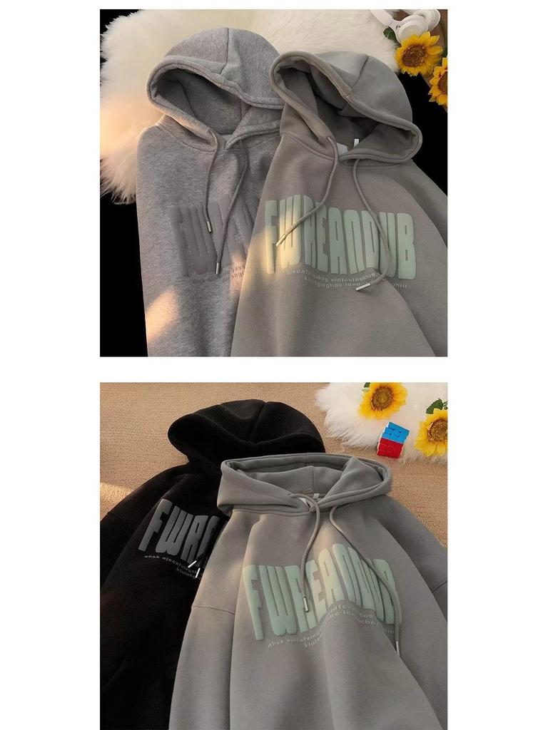 Unisex American-Style Heavyweight Hooded Sweatshirt - Men's Winter Loose Fit Casual Foam Print Top