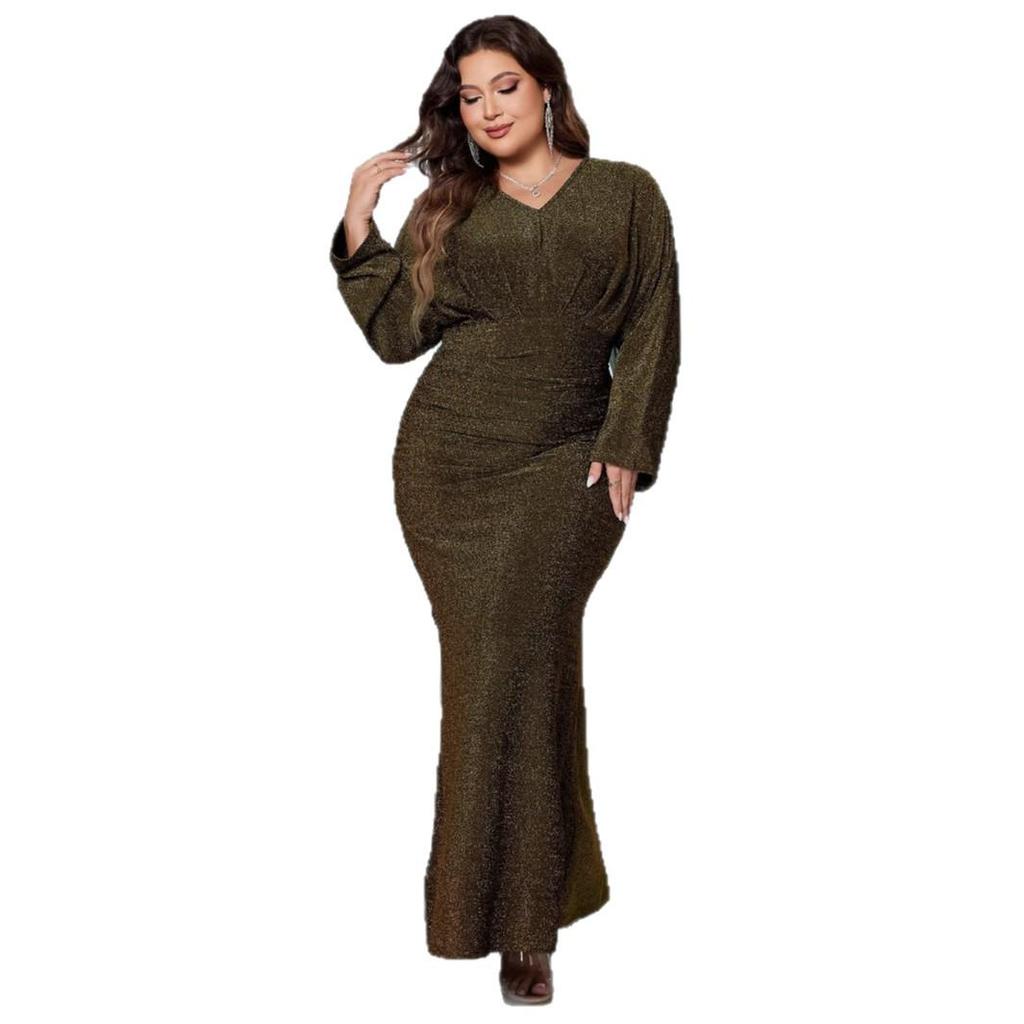 Robe de soirée grande taille scintillante à col en V et queue de poisson avec manches longues