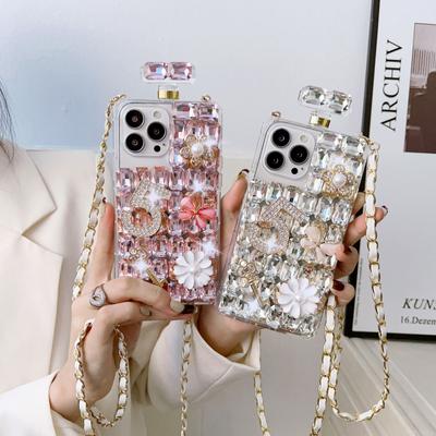 Crossbody Rhinestone Perfume Bottle Shape Case For Samsung S23 S22 S21 S20 Ultra S10 Plus Pearl Flowers Cover For Iphone 15 14 13 12 11 X XR XS Max