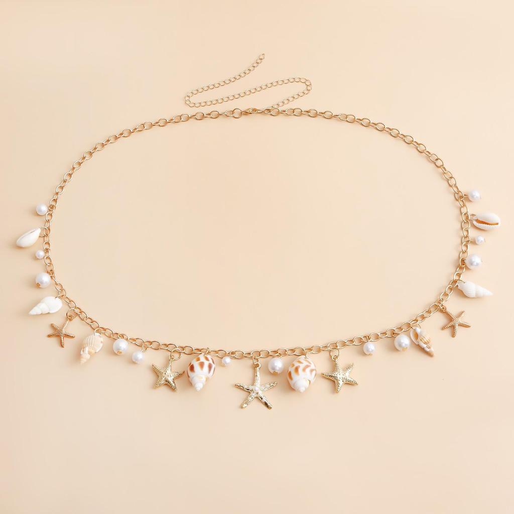 Stylish Summer Beach Starfish & Shell Pendant Waist Chain with Imitation Pearl & Tassel for Women