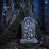 Spooky Holiday Exterior Decor Halloween Skull Tombstone, Stone Look Retro Gothic Resin Creepy Cemetery Scene Ornament Crow Gravestone for Outdoor