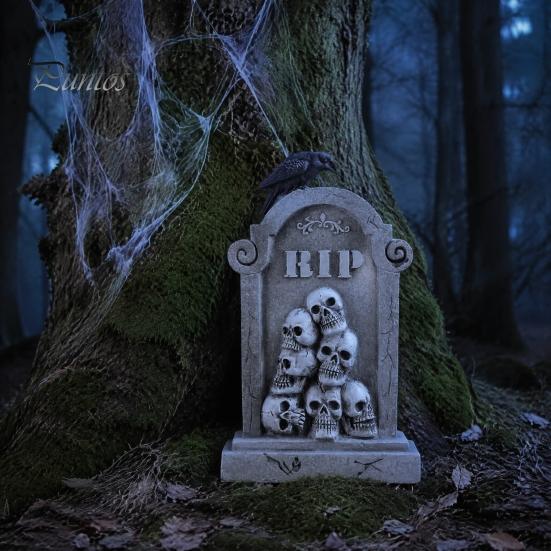 Spooky Holiday Exterior Decor Halloween Skull Tombstone, Stone Look Retro Gothic Resin Creepy Cemetery Scene Ornament Crow Gravestone for Outdoor