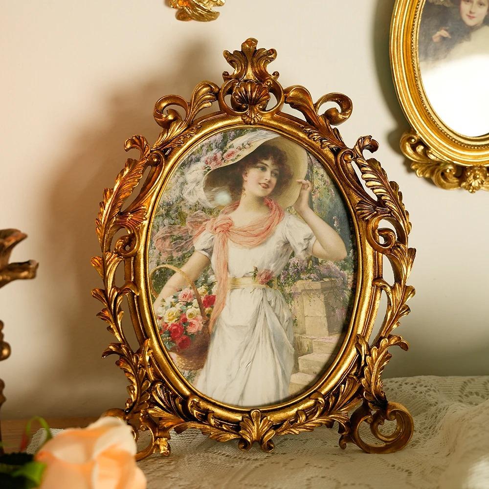 Gold Vintage Picture Frame European Antique Style Home Office Decor Desk Photo Frame for Wall Mounting Tabletop Wedding Display