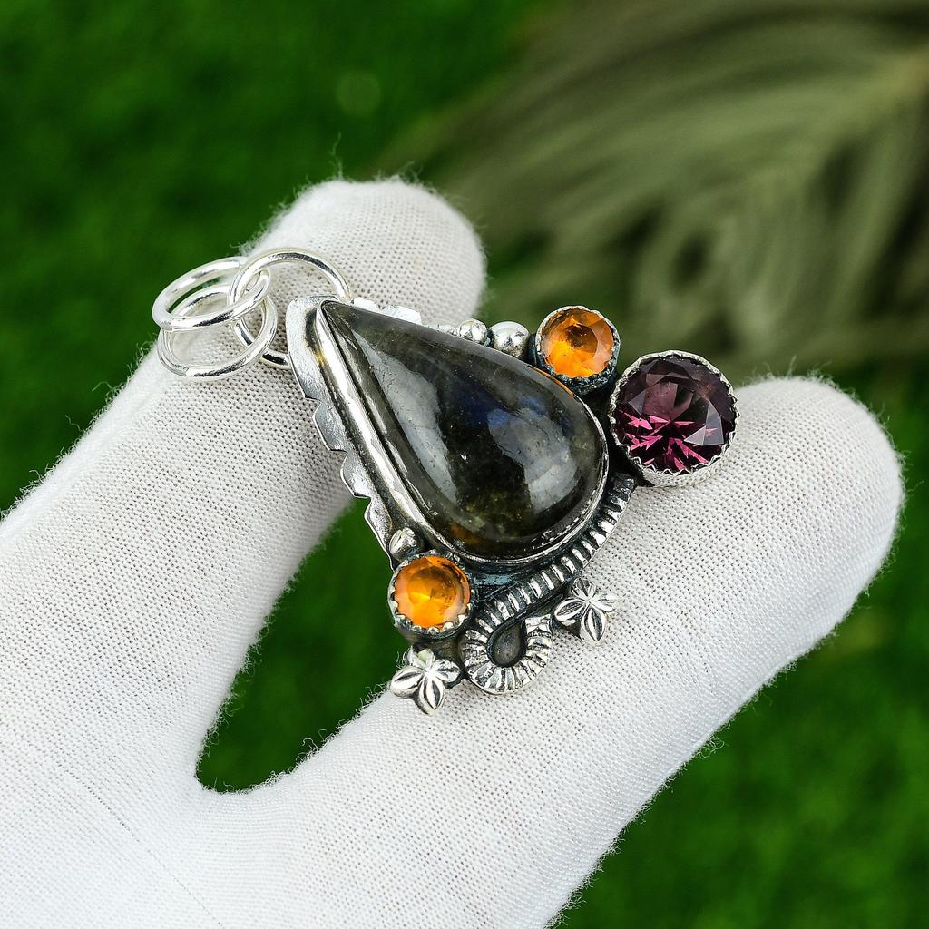 Womens Day Sale 925 Silver Natural Labradorite Amethyst Unique Birthday Pendant