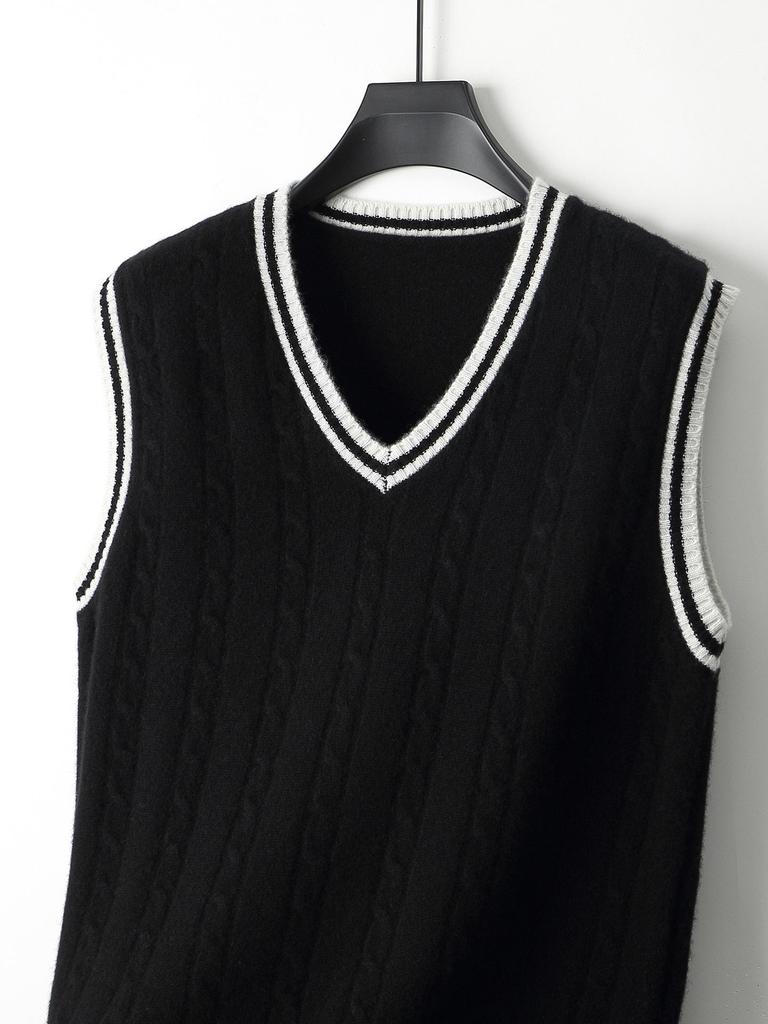Men's College-Style 100% Wool Knitted Vest, Autumn/Winter Cable Knit, Contrasting Colors, Thickened Sleeveless Design