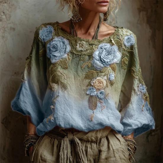 Damen Pullover Rundhals Langarm Lockerer Schnitt Pullover 3D Blumenmuster