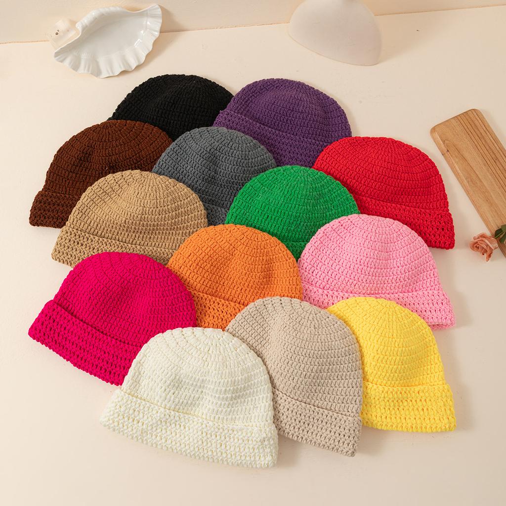Handmade Crocheted Watermelon Skin Woolen Hat Women'S Knitted Hat Warm And Thick Ear Protection Hat Solid Color Cold Hat
