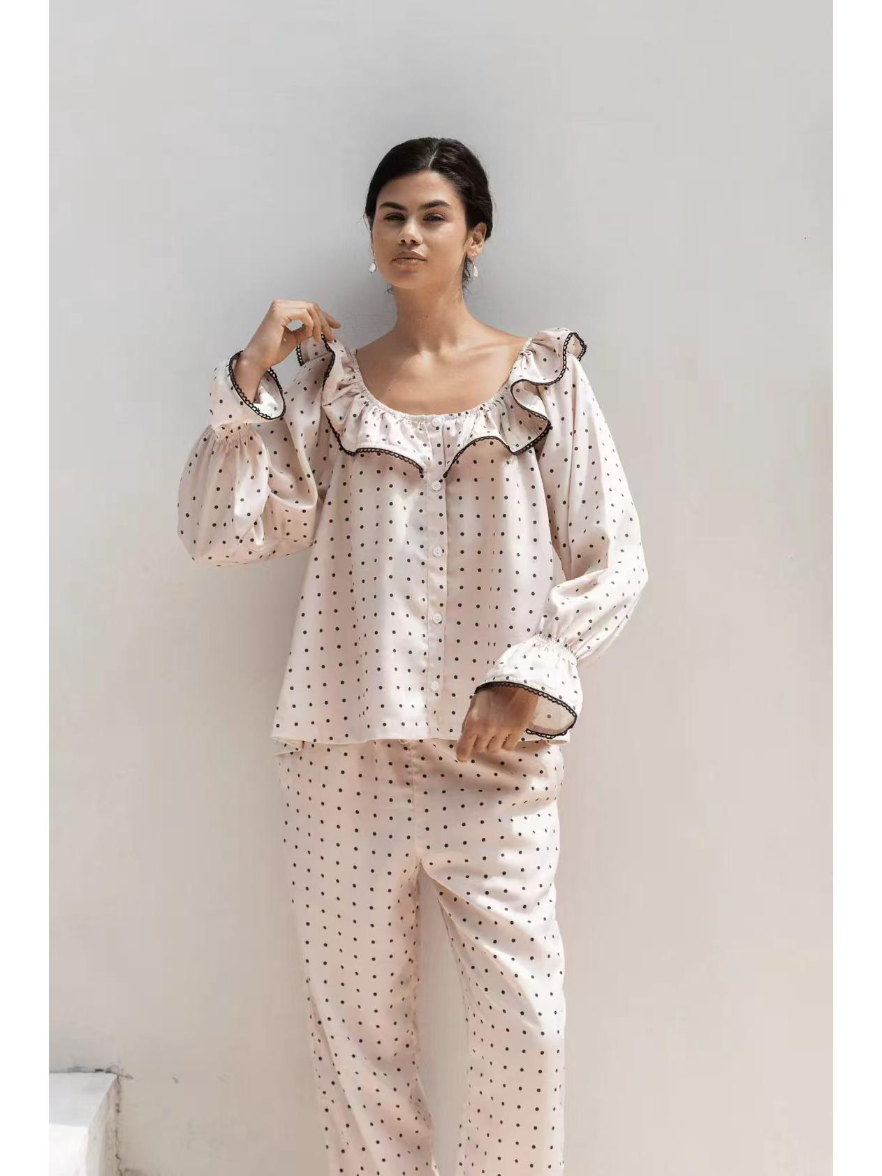 

TEMU Polka Dot Long Sleeve Lace Home Wear - Sweet & Cute for Spring/Autumn Medium