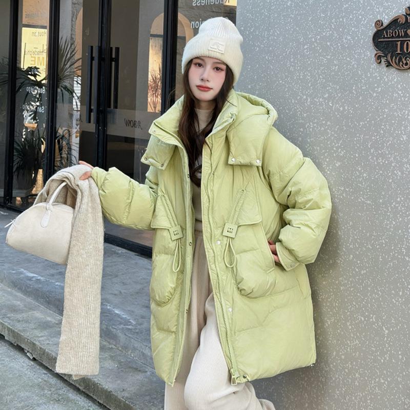 Square buckle down jacket women's medium length 2024 winter new hooded thickened loose white duck down warm jacket tide