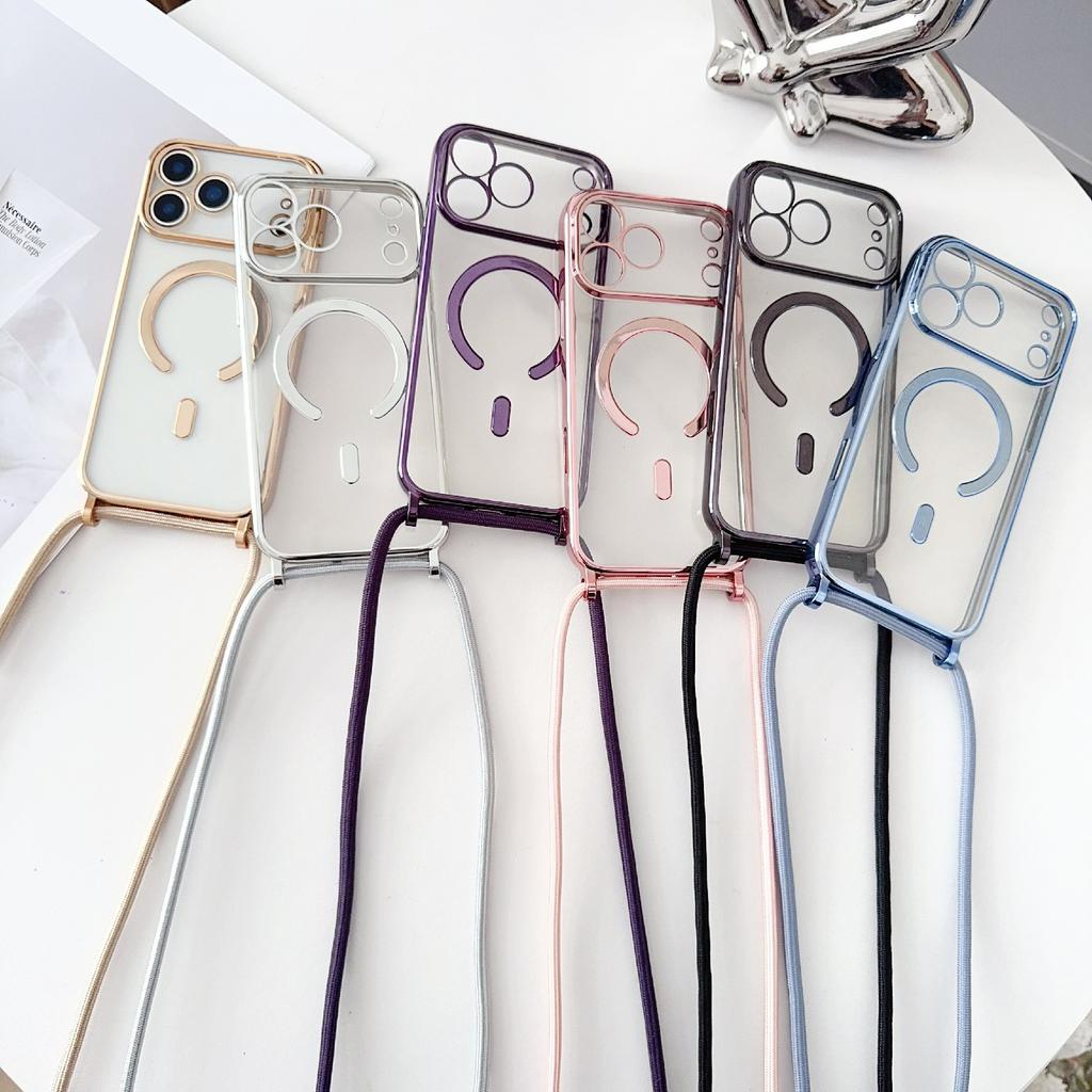 For iPhone 17 Pro Case Compatible with MagSafe Electroplating TPU Phone Cover with Long Lanyard