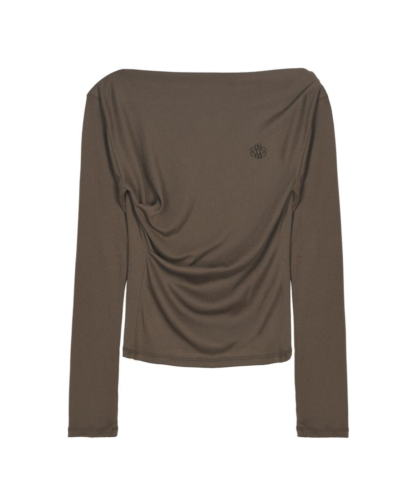 Nigaennikol Shirring Drape Boat Neck Top_Brown