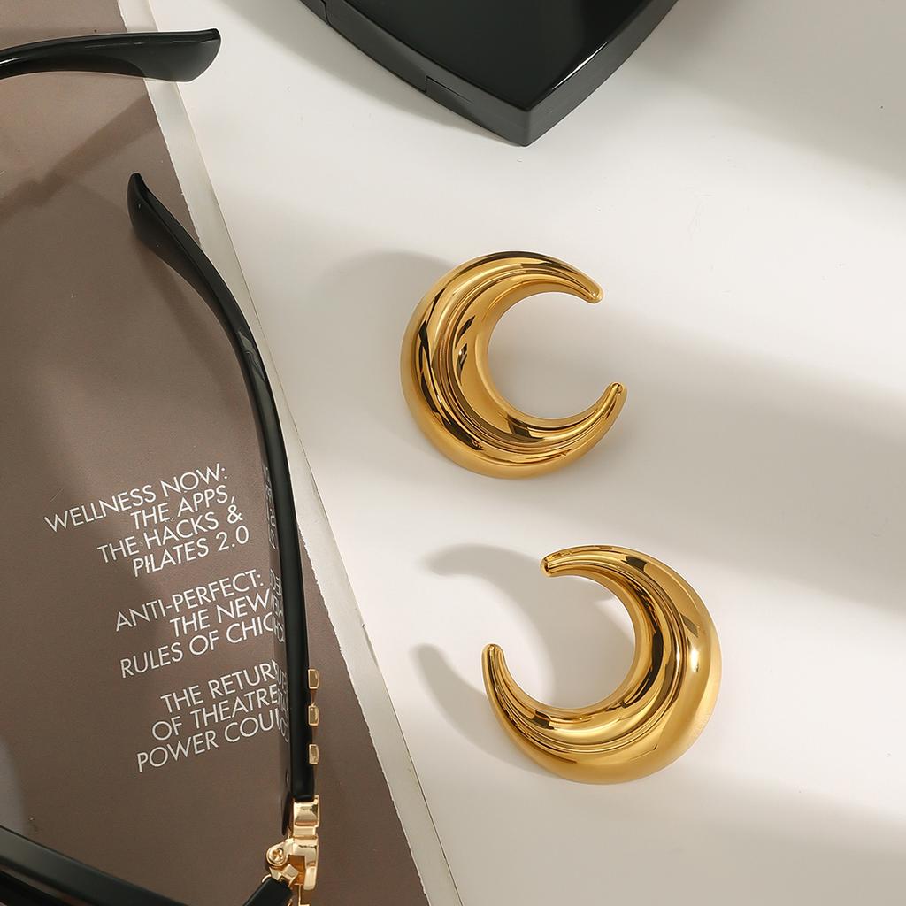 Youthway Fashion Statement 18K Gold Plated Stainless Steel Smooth Moon-shape Earrings Waterproof Anti Allergic Jewelry Party