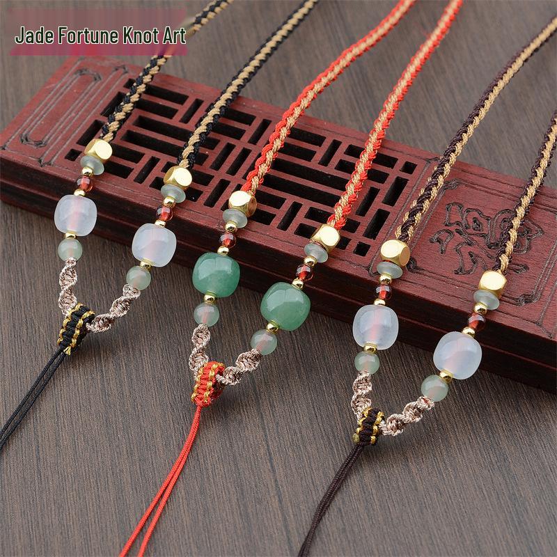 Four-Strand Braided Necklace Lanyard with Jadeite, White Agate, and Dongling Jade Pendant