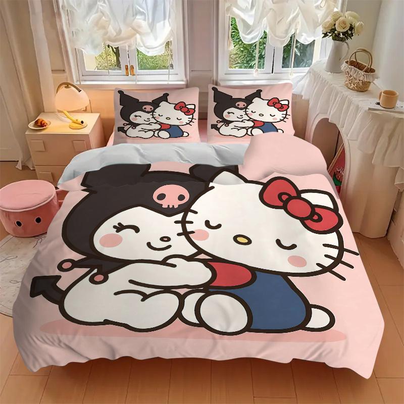 3pcs Spooky Halloween Hug Kuromi & Hello Kitty Quilt Cover Set - Soft and Cozy Bedroom, Guest Room and Dorm Decorative Bedding 3-Piece Set 1 Quil