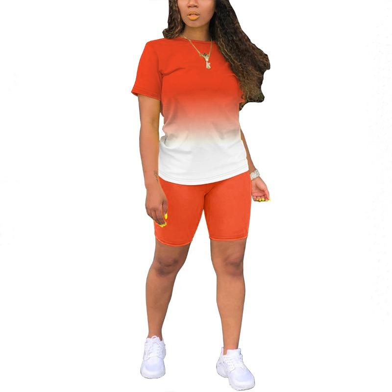 Summer 2pcs Outfits For Women Short Sleeve T-Shirts Pants Shorts Set Gradient Color Tracksuit Sportwear