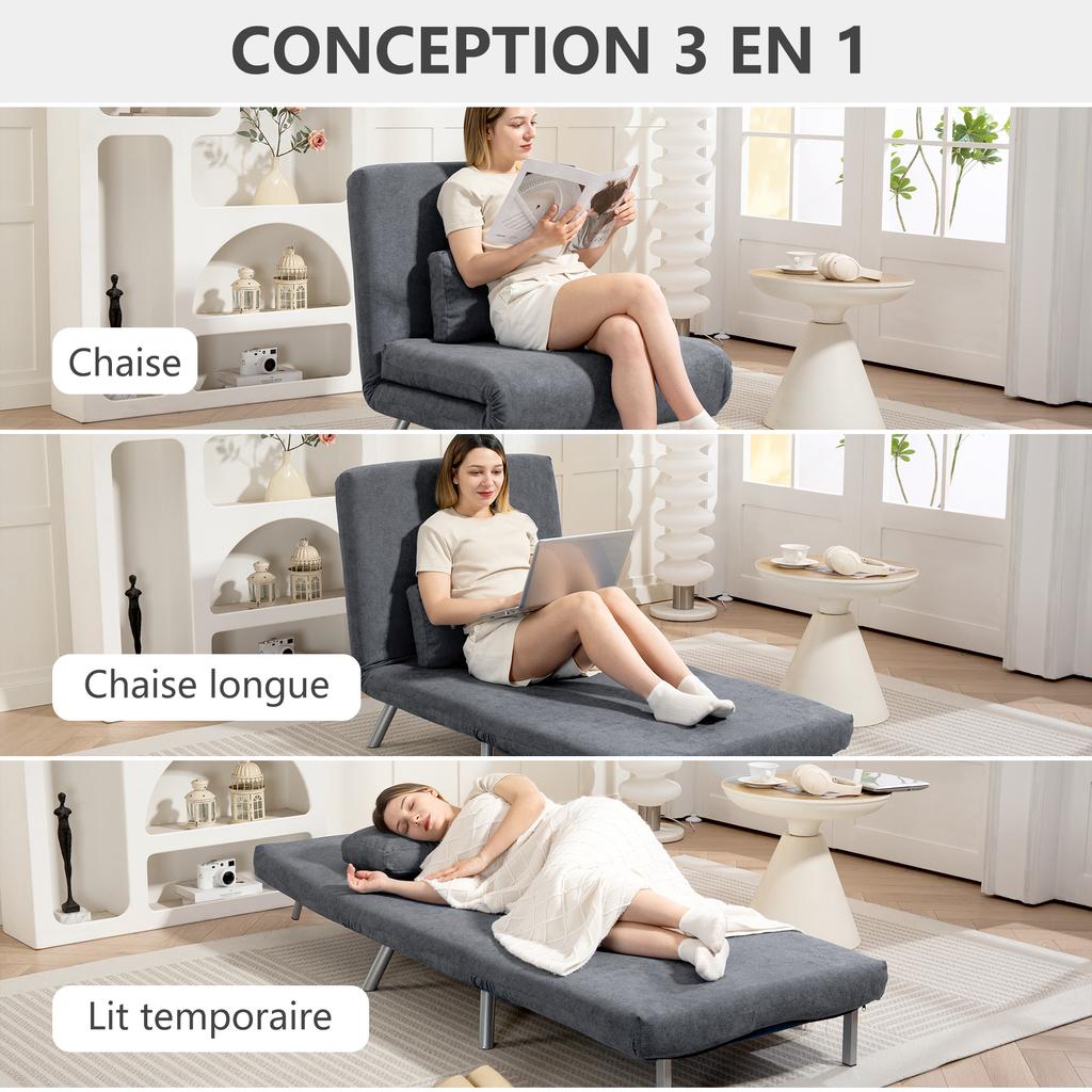 Convertible Armchair, 1-Seater, 3-in-1 Click-Clack Bed, Backrest, Pillow, Dark Grey