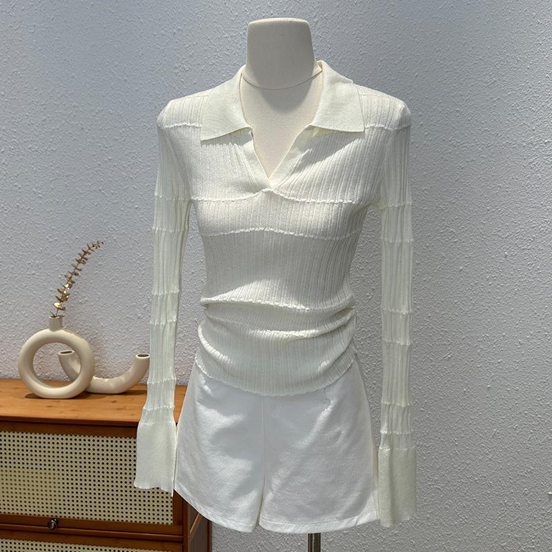 Design sense niche knitted long-sleeved shirt women's autumn slim-fitting and thin lo shirt unique popular top
