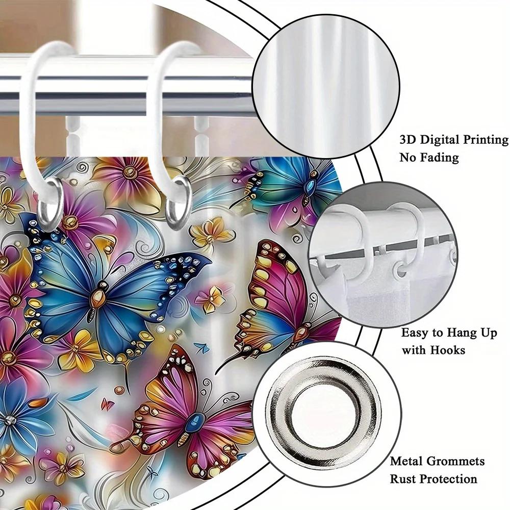 Vibrant Butterfly & Flower Shower Curtain - Multicolored Jewel Accents, Fairy-Tale Quality, Pastel Colors, Bathroom Decor