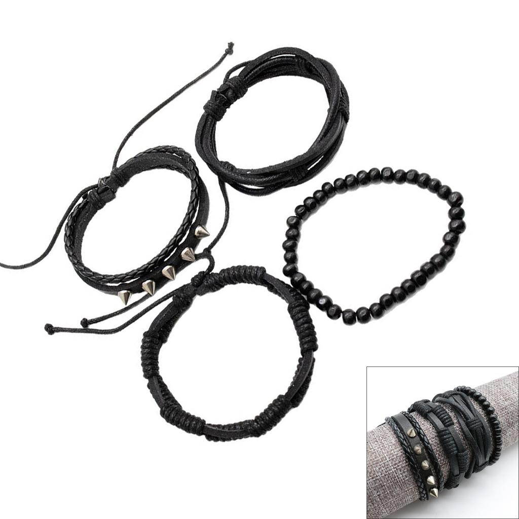Pack of 4 Punk Styles Leather Bracelets With Metal Studs Braided Designs Adjustable Closure for Men Women Gift Set