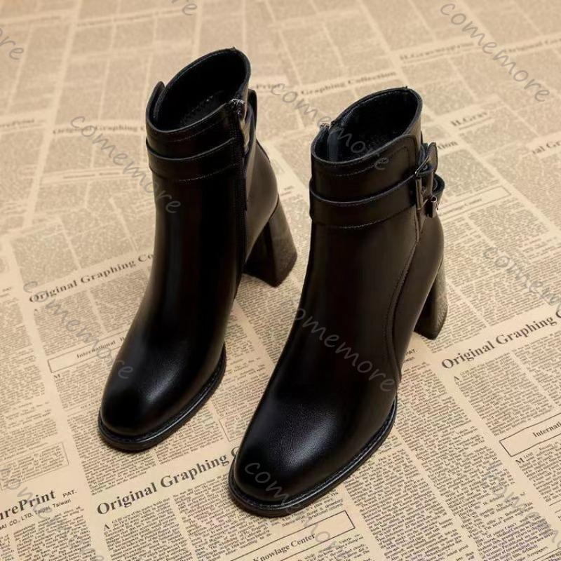 Fashion Comemore Temperament Fashion Women Boots Black High Heel Round Toe Ankle Boots for Women Autumn Winter Belt Buckle Short Booties