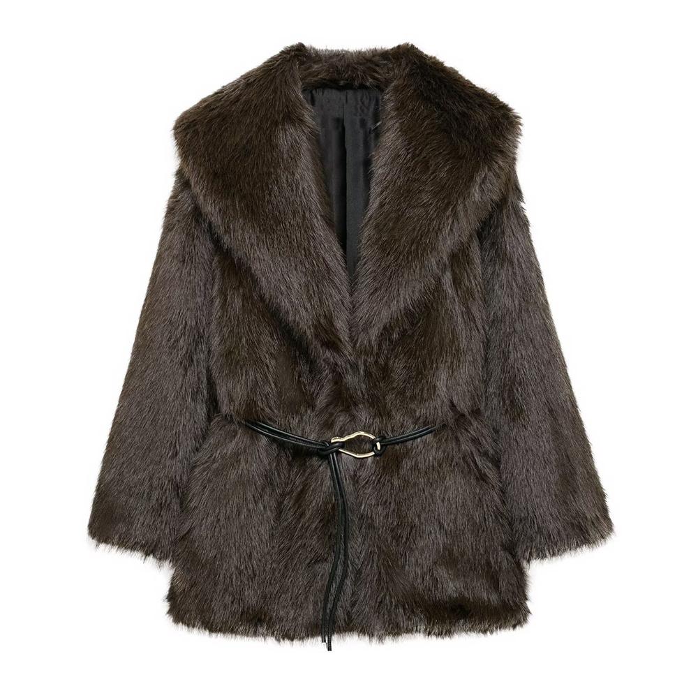Women's Belt Decoration Collar Solid Color Medium Long Coat Autumn/Winter Long Sleeve Loose Coat