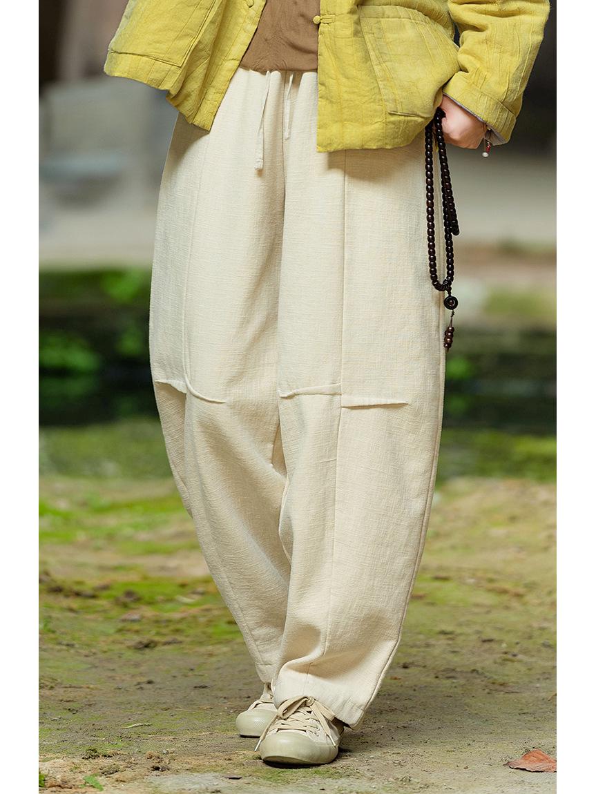 Women s Retro Winter Distressed Patchwork Velvet-Lined Linen Lantern Pants One Size