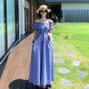 Korean Fashion High-Waisted A-Line Maxi Dress Summer V-Neck Sleeveless Lace-Panel Checkered Elegant Long Dress for Women
