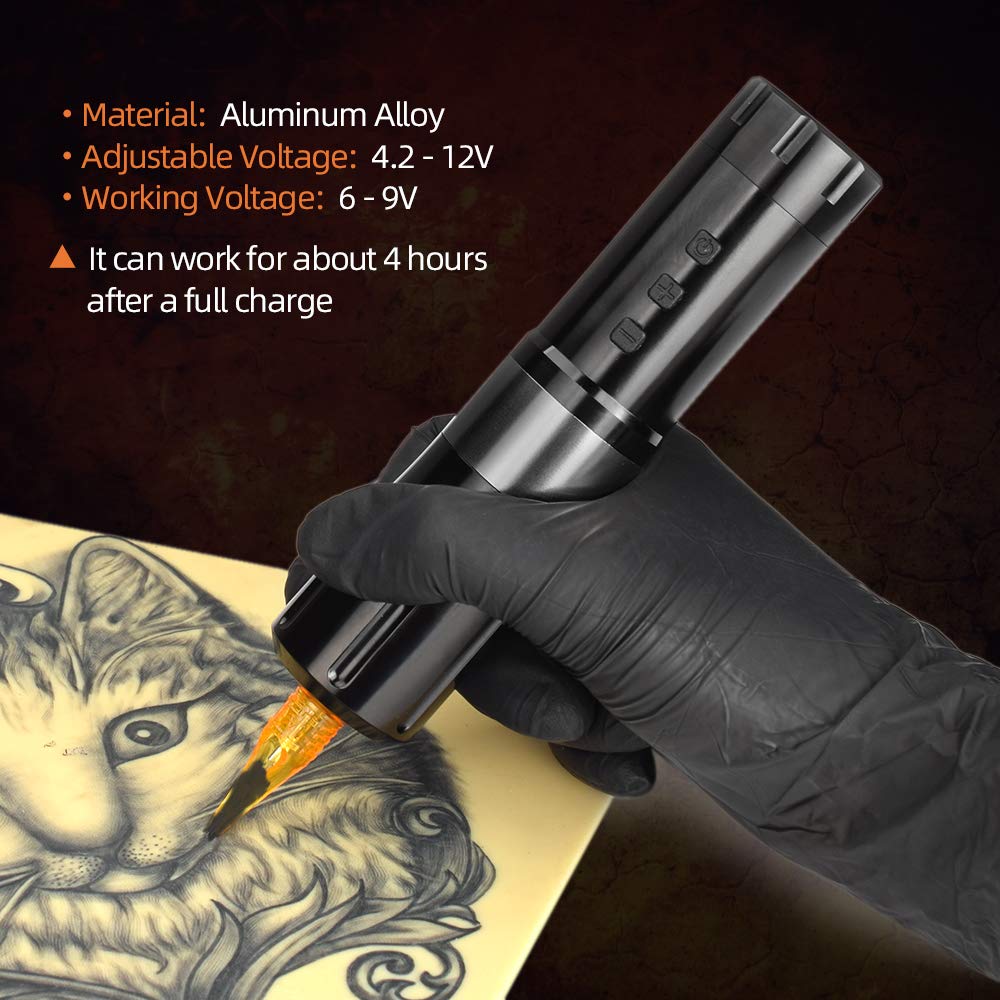 Rotary Tattoo Machine Rechargeable Wireless Tattoo Cartridge Pen for Liner Shader Aluminum Alloy Frame 9000-10000 RPM LCD Display