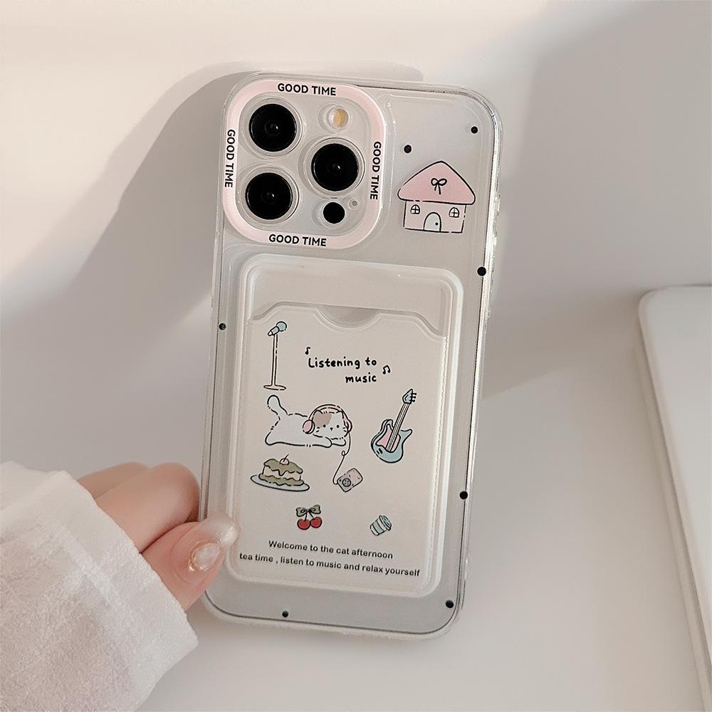 Korean Cute Cat Card Holder Phone Case For iPhone 16 15 14 13 12 11 Pro Max X XR 7 8 Plus SE Wallet Shockproof Soft Cover Funda