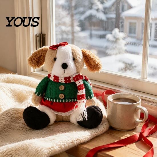 Plush Dog with Sweater Christmas Stuffed Animal Toy, Soft Puppy Doll Santa Hat for Gift Scarf Table, Fireplace, Holiday Party Decor, Lovers