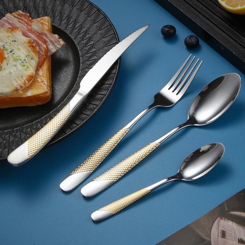 European Stainless Steel Four-Piece Cutlery Set: Star Diamond Steak Knife, Fork, and Coffee Spoon